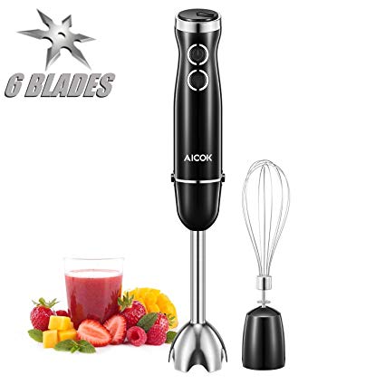 Immersion Blender, AICOK 6 Blades & 10-Speed Multi-purpose Hand Blender with Egg Whisk, Heavy Duty Copper Motor Stick Blender for Baby Food, Smoothies and Soups, 304 Stainless Steel Hand mixer