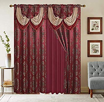 Rod Pocket Jacquard Window 84 Inch Length Curtain Drape Panels w/ attached Valance   Sheer Backing   2 Tassels - 84" Floral Curtain Drape set for Living and dining rooms - Heavy Quality - Burgundy
