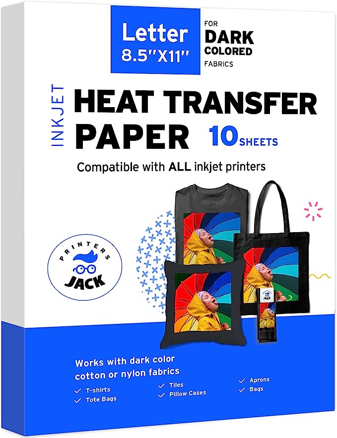 Printers Jack Iron-On Heat Transfer Paper for Dark Fabric 10 Pack 8.5"x11.7" T-Shirt Transfer Paper for Inkjet Printer Wash Durable, Long Lasting Transfer, No Cracking