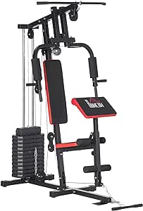 HOMCOM Multi Gym with Weights, Multifunction Home Gym Machine with 66kg Weight Stack for Full Body Workout and Strength Training, Red