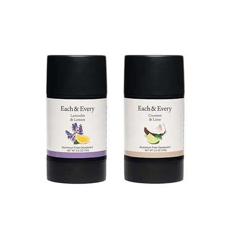 Each & Every All Natural Deodorant - Travel Size Aluminum Free Deodorant for Women & Men - Multipack with Coconut & Lime and Lavender & Lemon - In Plant-Based Packaging (2 Pack, 2.5 Oz Each)