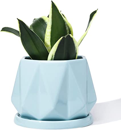 POTEY 052705 Plant Pot with Drainage Hole & Saucer - 4.7 Inch Glazed Ceramic Modern Geometric Shaped Planters Indoor Bonsai Container for Plants Flower Aloe(Shiny Blue, Plants Not Included)