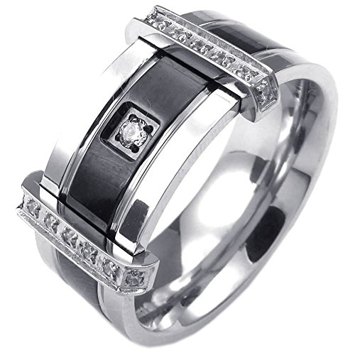 KONOV Mens Cubic Zirconia Stainless Steel Ring, Charm Elegant Wedding Band, Black Silver