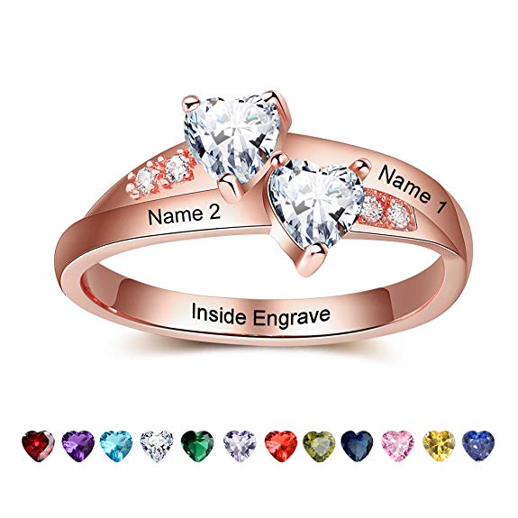 Lam Hub Fong Personalized Engagement Rings for Women with 2 Simulated Birthstone Promise for Her Rose Gold Wedding Name Rings
