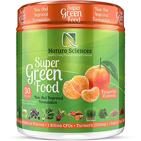 100% Natural Greens Powder, Over 10 Hard to Get Superfoods, Greens Supplement Powder 1 Month's Supply, Green Organic Blend with 1 Billion CFU Probiotics and 500mg Turmeric, Tangerine Flavor, 30 Svgs.