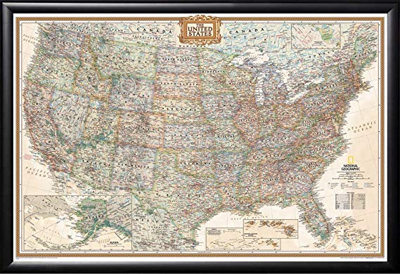 USA National Geographic United States Executive Map Black Detail Wood Frame with Push Pins