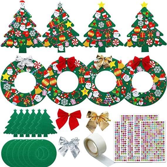 12 Pcs Felt Christmas Tree Wreath Craft Kit Christmas DIY Ornaments with 221 Self Adhesive Christmas Felt Stickers 12 Christmas Bows and 5 Gem Stickers(Wreath and Trees Style, 6 Inch, 7.8 Inch)