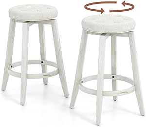 COSTWAY 360° Swivel Bar Stools Set of 2, 26-inch Height Vintage Upholstered Rubberwood Backless Bar Chairs with Footrest, Retro Kitchen Counter Stools for Kitchen Island Dining Room Home Bar, White