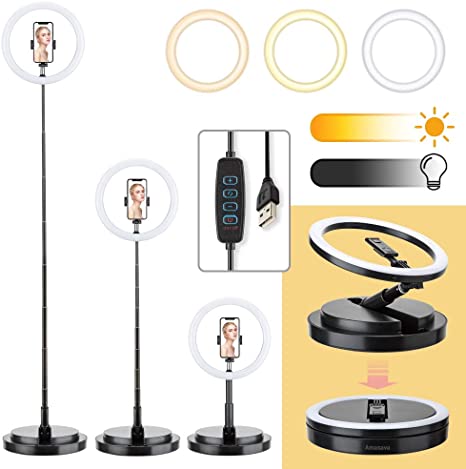 Amasava 12” Ring Lights with Stand 67” Foldable Selfie Ring Light with Phone Holder 6500K Dimmable LED Light USB Powered Lighting for Live Stream Makeup Video Vlog Youtube TikTok Photography (Black)