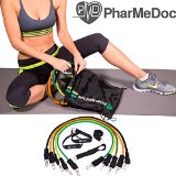 PharMeDoc Workout Bands - Fitness Equipment - 12 Piece Set 5 Exercise Bands 1 Door Anchor Ankle Straps Handles  Exercise Guide Chart and a High Quality Backpack Carry Bag -Exercise Equipment - Home Gym - Build Muscle and Strength