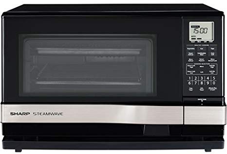 Sharp Steam Oven and Microwave with Grill, 900 W Microwave, 1100W Grill Output, LCD Diplay and Touch Control Operation, Black with Silver Handle