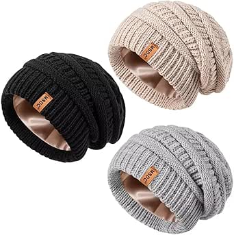 3 Pack Satin Lined Beanie for Women, Warm Slouchy Winter Hats with Silk Lined, Fashionable Oversized Cable Knit Hat Skull Cap