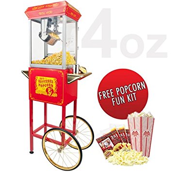 FunTime Sideshow Popper 4-Ounce Hot Oil Popcorn Machine with Cart, Red/Gold