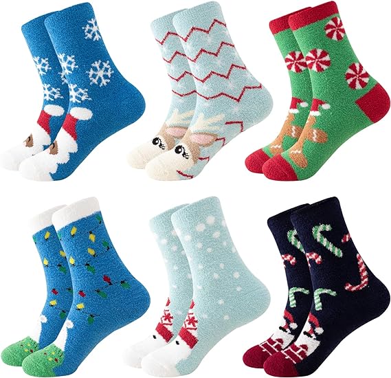 Fuzzy Cozy Christmas Socks for Women Funny Novelty Winter Warm Fluffy Womens Holiday Socks for Christmas Gifts 4/6 Pairs