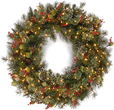 National Tree 36 Inch Wintry Pine Wreath with Cones, Red Berries, Snowflakes and 150 Clear Lights (WP1-300-36W)