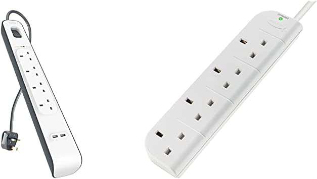 Belkin Extension Lead with USB Slots x 2 (2.4 A Shared), 4 Way/4 Plug Extension, 2m Surge Protected Power Strip - White & E-Series 4 Plug SurgeStrip Surge Protected Extension Lead - 1 m, White