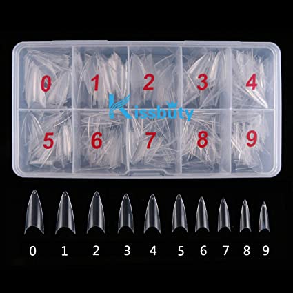 Kissbuty 500 PCS Stiletto Nails Clear Color Sharp Ending False Acrylic Nail Art Tips 10 Sizes With Box Perfect Length for Nail Salons and DIY Nail Art at Home(Clear Stiletto Nails)