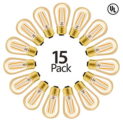 Hizashi 15 Pack 2W Truly and Ultra Warm Dimmable LED S14 2200K Filament Bulbs Medium Base (E26), Outdoor Amber Edison Bulbs, 11-25W Equivalent, Outdoor String Lights Bulbs Replacement