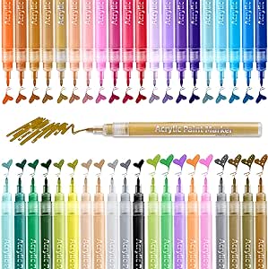 Acrylic Paint Pens, Ohuhu 40-color Fine Tip (0.7mm) Paint Markers for Rock Painting Stone, Water-Based Acrylic Ink Painting for Porcelain Metal Wood Fabric Canvas, Father's Day Birthday Gift