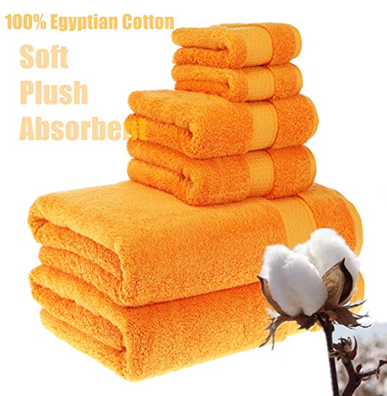 PROMIC Luxury Towel Set, 100% Egyptian Cotton - 2 Extra Large Bath Towels 30x60, 2 Hand Towels, 2 Washcloths - Soft, Plush and Highly Absorbent (Set of 6, Orange)
