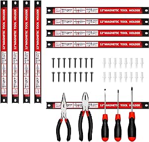 12'' Magnet Tool Holders Storage Organizer, 4 Pack Wall Mount Magnetic Tool Strips, Metal Magnet Tool Organizer Bars for Garage, Kitchen, Workshop (Mounting Screws Included)