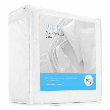 LUCID Premium Hypoallergenic 100 Waterproof Pillow Protector set of 2 - 15 Year Warranty - Vinyl Free - Standard Size  White