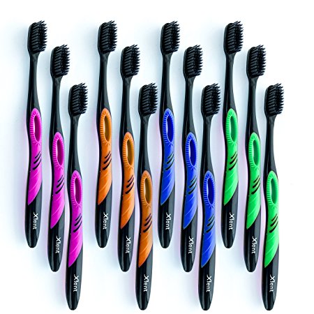 Activated Charcoal Bristle Toothbrush - Xtreme (Extreme) Soft, Ultrafine, Tapered bristles, Compact Head & Slim Design - (12 Count)