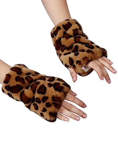 Simsly Womens Winter Faux Fur Gloves Knit Wrist Warmer Fingerless Mittens Thumb Hole Gloves for Winter