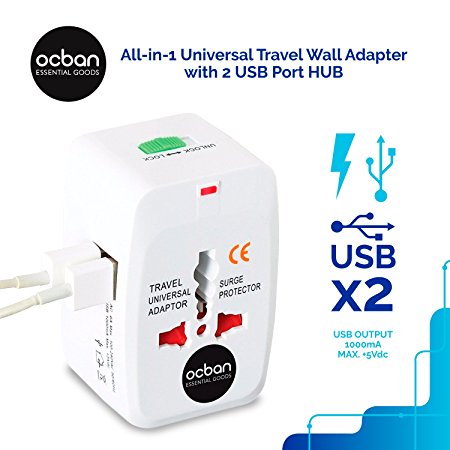 All in One Universal Travel Wall Adapter AC Power AU UK US EU Plug Adapter White Kit 2 USB Port HUB Surge Protector   150 Countries Secure Safety Protect Portability Lightweight Top GREAT PRICE OCBAN