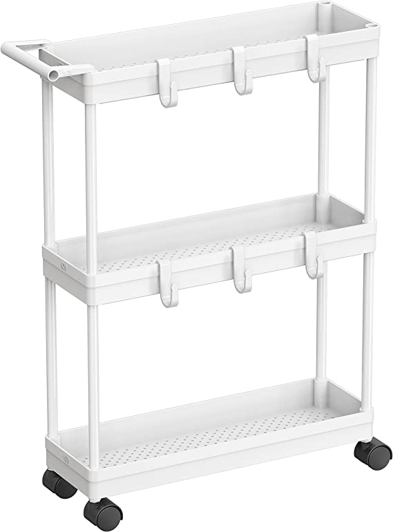 SimpleHouseware Kitchen Cart Storage 3-Tier Slim/Super Narrow Shelves with Handle, 5.5'' W for Narrow Place, White