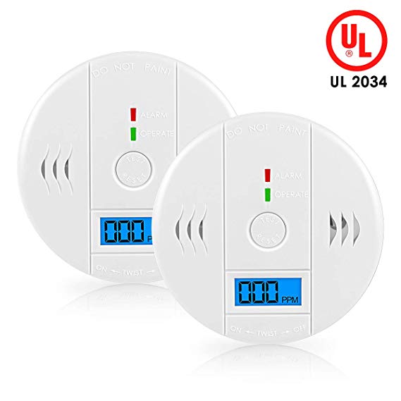 CO Detector, Monoxide Alarm LCD Portable Security Gas CO Monitor, Battery Powered-2 Pack with UL2034 Listed (9V Battery not Included)