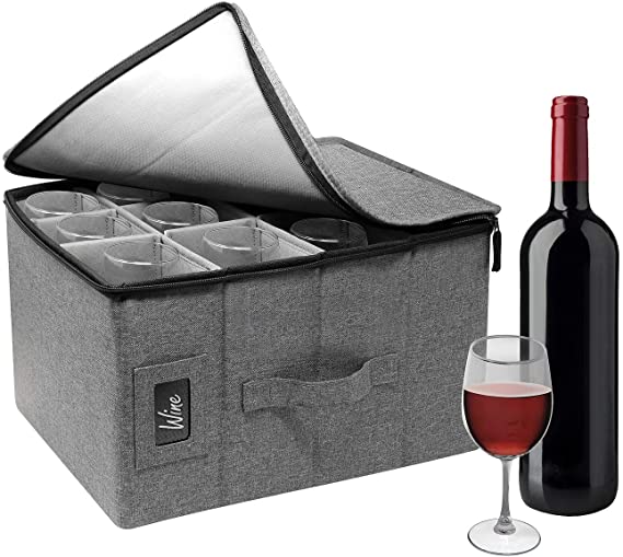 Sorbus Stemware Wine Glass Storage Hard Shell Box - Deluxe Padded Quilted Case with Dividers - Service for 12 - Great for Protecting or Transporting Wine Glasses, Champagne Flutes, Goblets, (Gray)