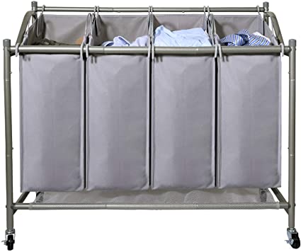 Laundry Sorter Cart 4 Bag with 4 Rolling Wheels Heavy Duty Laundry Organizer Cart Steel Frame Clothes Hamper Sorter, Grey