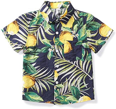 OCHENTA Little & Big Boy's Button Down Hawaiian Shirt, Lightweight Print Short Sleeve Summer Tops