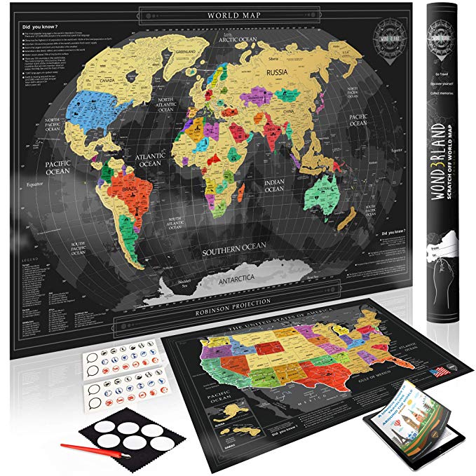Wond3rland Premium Scratch Off Map of The World   Bonus USA Map | Gold Personalized Wall Map Poster | Deluxe Gift for Travelers & Travel Tracking | Complete Accessories Set   eBook Included
