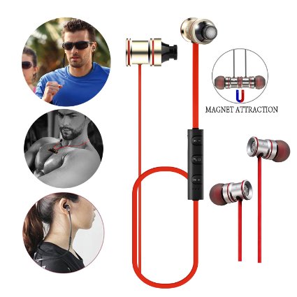 Shuua Wireless Bluetooth Headphone In-Ear Sport Earbuds, Magnetic Wireless Noise Cancelling Bluetooth Super Bass Earbuds/Headsets/Earphones/Sports with Mic for iPhone 6S and Android Devices(Red)