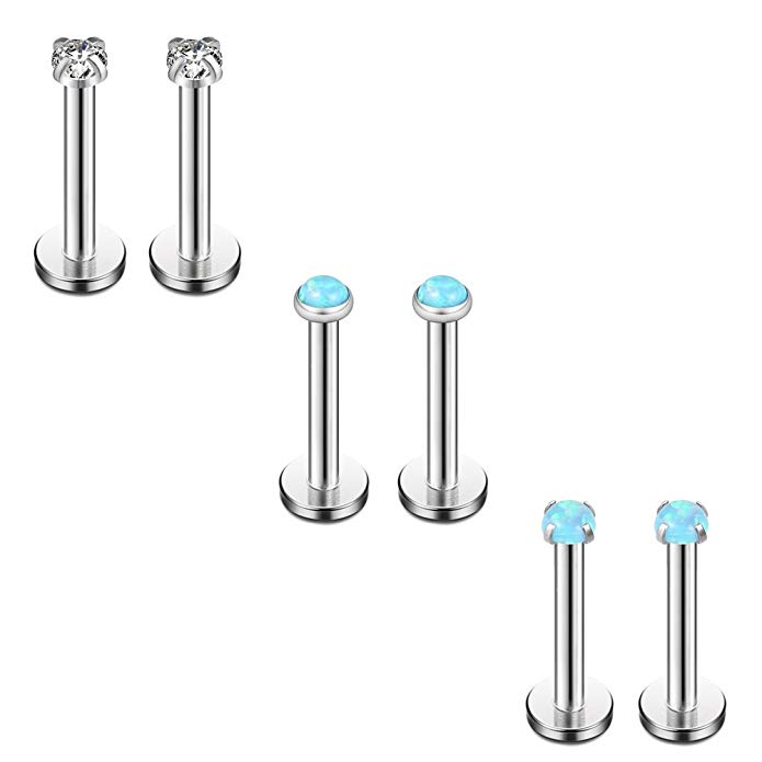 Ruifan Opal & Clear CZ Internally Threaded Stainless Steel Labret Monroe Lip Ring Tragus Helix Earring Stud 16G 5/16" 8mm 6PCS