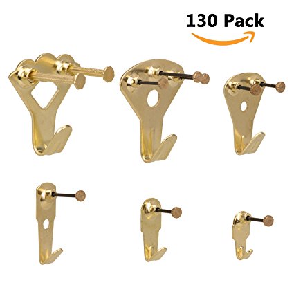 Picture Hangers, Overfly 130 Pieces Picture Hooks Frame Hanger, Heavy Duty Picture Hanging Kit with Nails for Wall Mounting, Holds 10-100 lbs, Golden