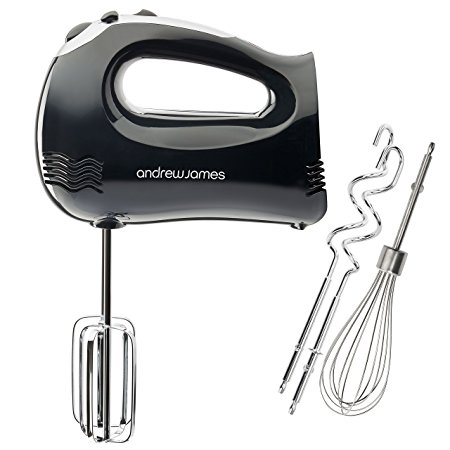 Andrew James Powerful 300 Watt Black Hand Mixer With Chrome Beater, Dough Hooks, 5 Speed With Turbo Button   Bonus Balloon Whisk