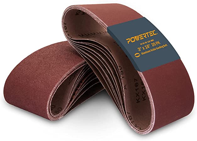 POWERTEC 110802 3 x 18 Inch Sanding Belts | Aluminum Oxide Sanding Belt Assortment, 5 Each of 40 60 80 120 Grits | Premium Coarse Sandpaper for Portable Belt Sander – 20 Pack