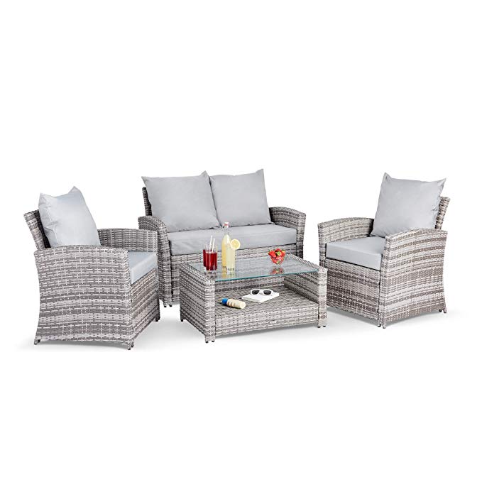 VonHaus Premium 4 Piece Rattan Sofa Set – Comfortable Cushioned Outdoor Furniture Lounge & Dining Set, Includes Sofa, Glass-topped Table & 2 Chairs for Garden & Patio – Grey