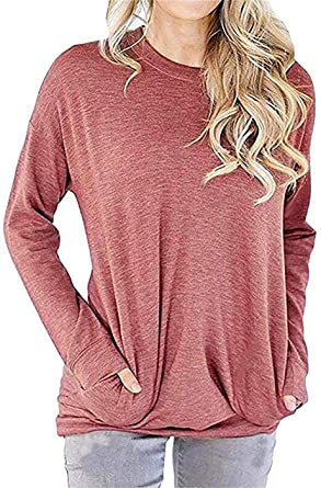 Womens Sweatshirts Pullover Long Sleeve Crewneck Shirts Pocket Loose Casual Blouse Tops