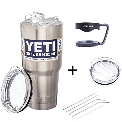 Yeti Rambler Tumbler Bundle With Complete Professional Drink Accessory Kit Gift Set - Non Slip Grip Handle, No More Spills Slider Lid, Stainless Steel Straws and Cleaning Brush. Also fit RTIC Rambler