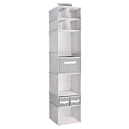 MaidMAX 7 Tiers Cloth Hanging Shelf with a Widen Strap, 3 Foldable Drawers and Divided Panels for Closet Organizer, Chevron, 53 Inches High