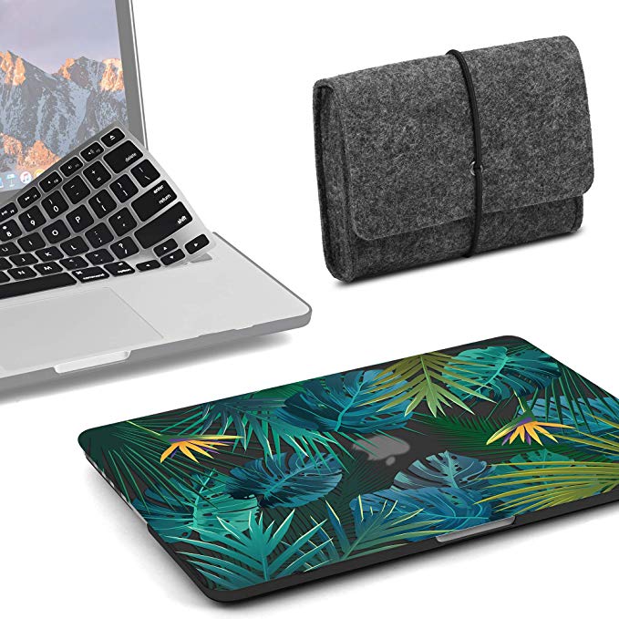 GMYLE MacBook Pro Retina 13 inch Early 2015 Case (W/O USB-C, W/O CD-ROM) A1502 A1425 2014 2013 2012, Plastic Hard Shell, Felt Storage Bag Pouch, Keyboard Cover - Tropical Summer Palm Leaf in Dark
