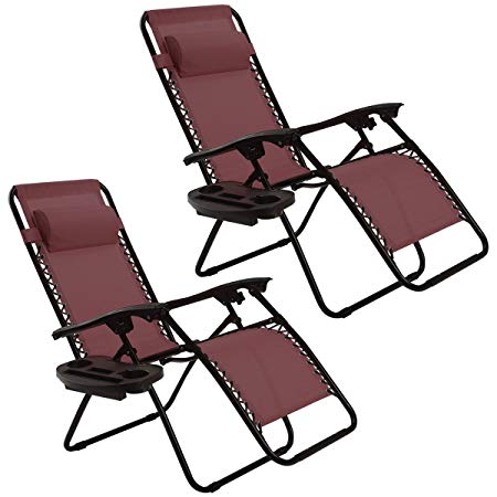 Goplus Zero Gravity Chairs, Lounge Patio, Folding Recliner, Outdoor Yard Beach with Cup Holder, Wine, 2 Piece