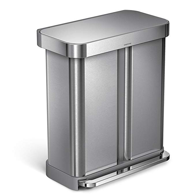 simplehuman 58 litre dual compartment pedal bin with liner pocket, brushed stainless steel