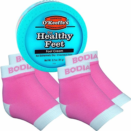 Bodiance Moisturizing Gel Heel Socks or Sleeves, 2 Pairs, Pink, Large, O'keeffe's Healthy Feet Foot Cream for Cracked Heels, Callus Treatment Bundle