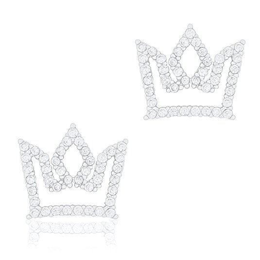 18k White Gold Plated Cubic Zirconia Princess Crown Stud Earrings by Orrous & Co.