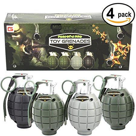 Mighty Gadget (R) 4 Pack of Kids Toys Pretend Play Toy Grenades with Realistic Explosion Sound & Light ( Beautiful Gift Box Package - Random Color)